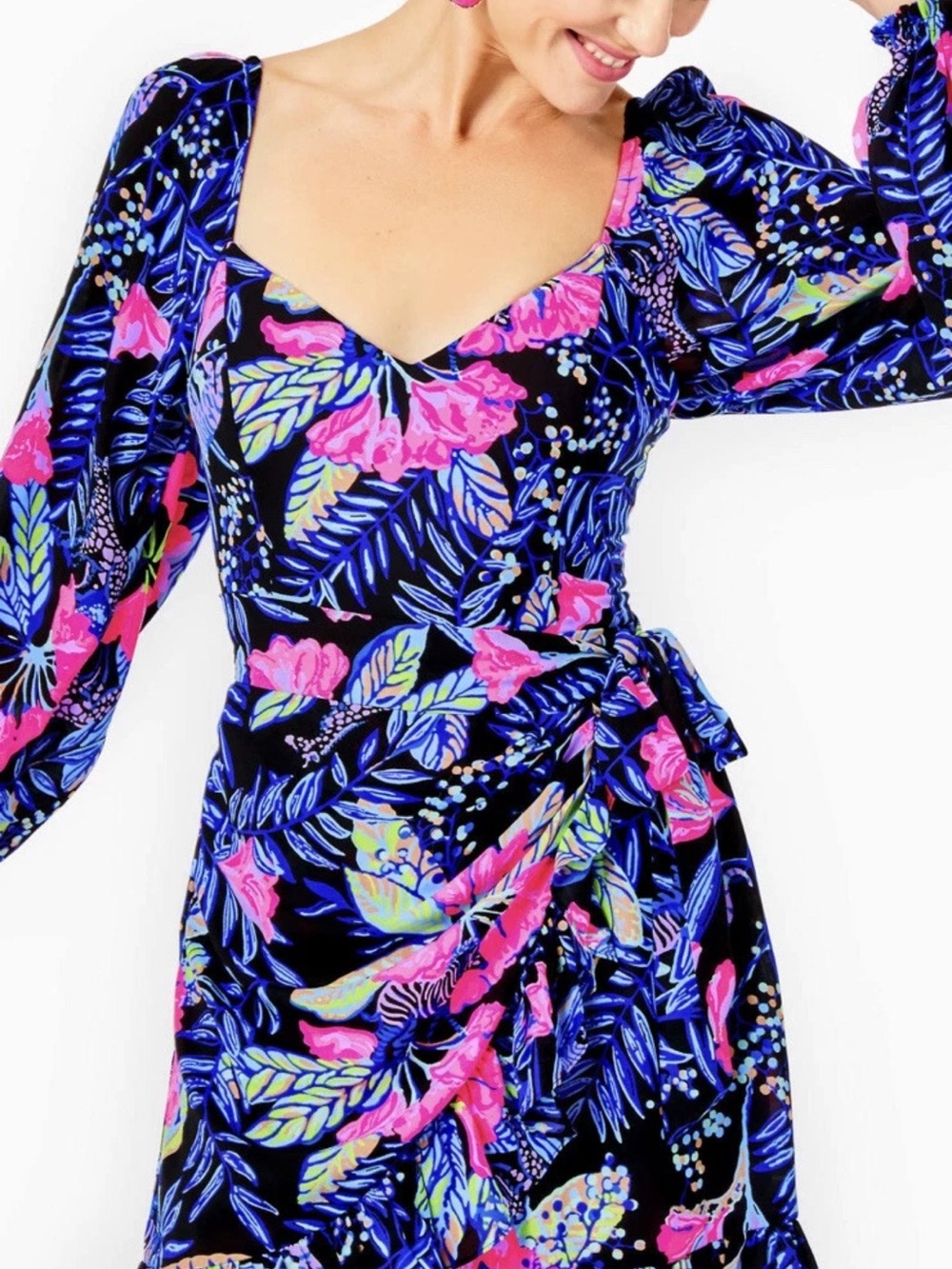 Lilly Pulitzer Black Wrap Dress with Pink & Blue Floral Print